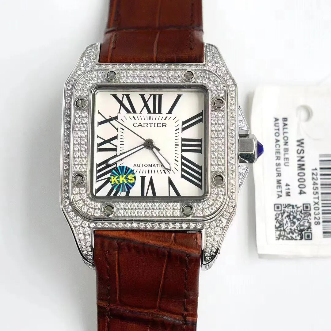 brown Cartier Santos Diamond Bezel