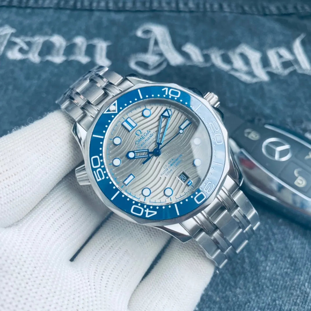 blue Omega Seamaster Grey Wave Dial